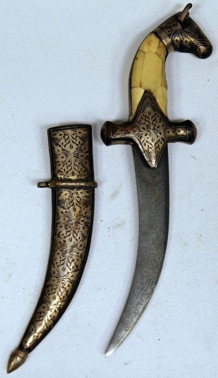 Antique Damascus Blade Knife / Dagger and Silver Inlay Scabbard w/Silver Inlay and Camel Bone Horse