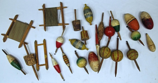 Mixed Lot Antique Wood and Cork Fishing Bobbers and Line Winders