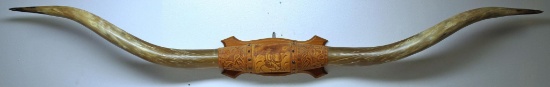Large Pair Mounted Texas Longhorns, Nice Tooled Leather Mount, 7' 101/2" long, LOCAL PICKUP ONLY!!!