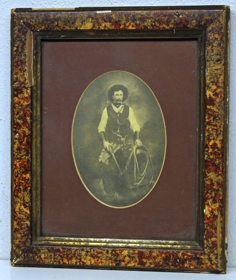 Photograph or Photocopy Framed Picture of Early Cowboy w/Rifle and Pistol, 10 1/2" x 12 1/2"
