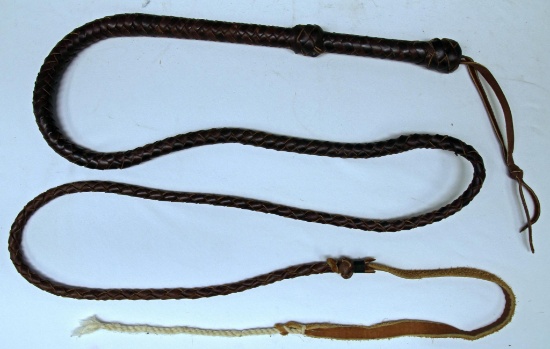 Braided Leather Bull Whip, 7' 5/8" From Handle to End of Braid