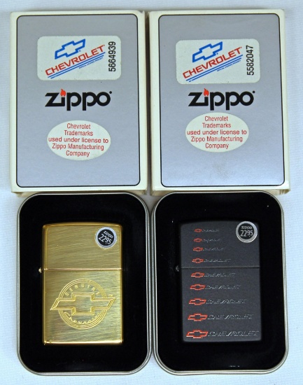 (2) New Old Stock Zippo Lighters - Genuine Chevrolet Polished Gold Finish, Chevrolet Repeated Logo