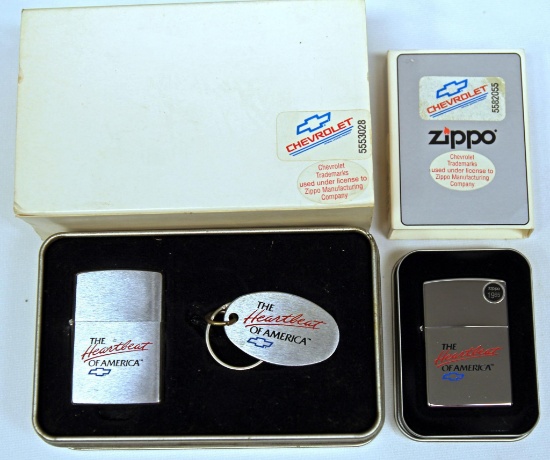 (2) New Old Stock Zippo Lighters - Chevrolet The Heartbeat of America, (1) in Larger Tin w/Key Chain