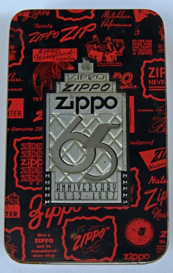 New Old Stock Zippo Lighter - Zippo 65th Anniversary 1997 Ltd. Ed. in Tin, Ding in Tin, Damage to