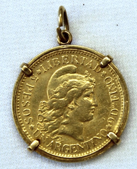 1888 Argentine 5 Pesos Gold Coin in 14K Gold Bezel