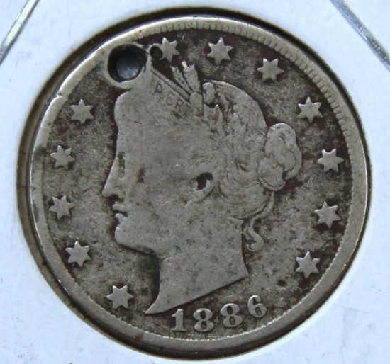 1886 Liberty Head Nickel, Key Date, Damaged, Drilled