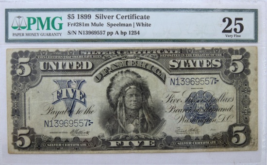 Rare Indian Chief Mule Note! 1899 $5 Silver Certificate Blanket Note Graded PMG 25 Very Fine