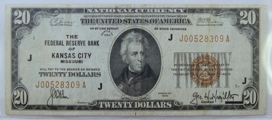 1929 $20 National Currency Note The Federal Reserve Bank of Kansas City, Missouri