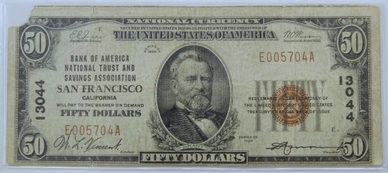 1929 $50 National Currency Note Bank of America National Trust and Savings Assn. San Francisco,