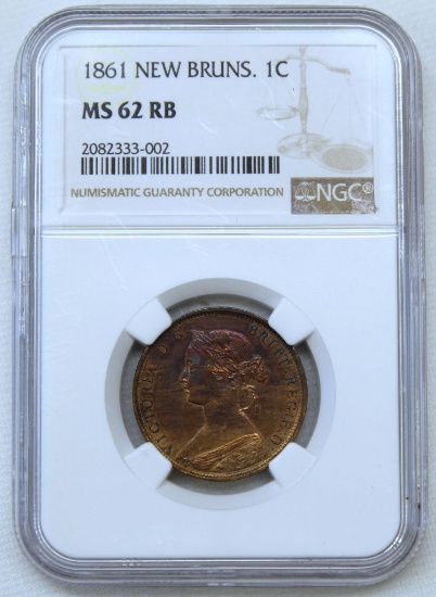 1861 New Brunswick Canada One Cent Slab NGC MS62 RB