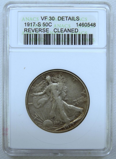 1917S Reverse Mint Mark Walking Liberty Half Dollar Slab ANACS VF30 Details