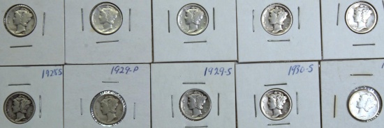 1927, 1927D, 1927S, 1928, 1928D, 1928S, 1929, 1929S, 1930S, 1931 Mercury Dimes