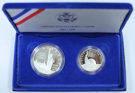 1986 U.S. Mint United States Liberty Coin Set - Commemorative Silver Half Dollar and Silver Dollar