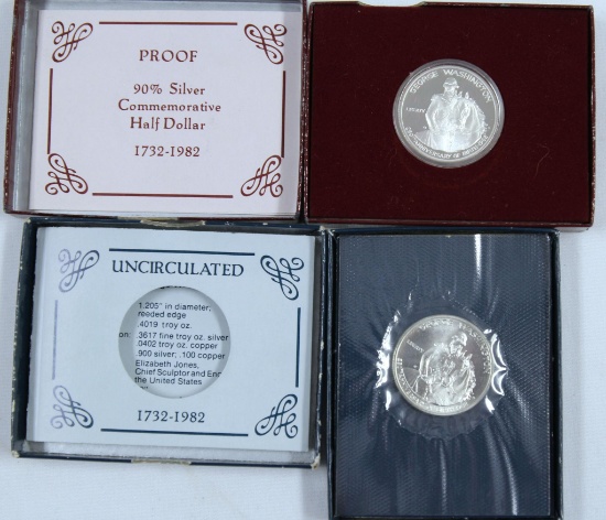 (2) 1982 George Washington Silver Commemorative Half Dollars, UNC and Proof