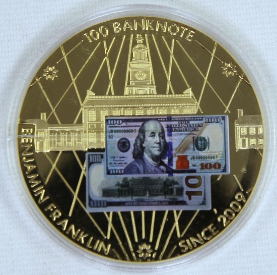 American Mint Benjamin Franklin $100 Banknote Commemorative Coin, 24 Kt. Gold Clad