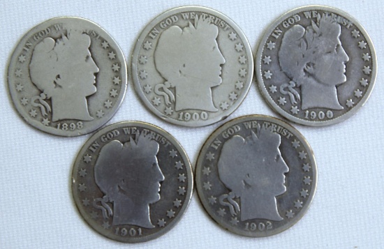 1898S, 1900S, 1900O, 1901, 1902O Barber Half Dollars
