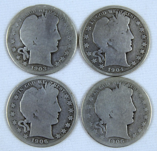 1903S, 1904O, 1906D, 1906S Barber Half Dollars
