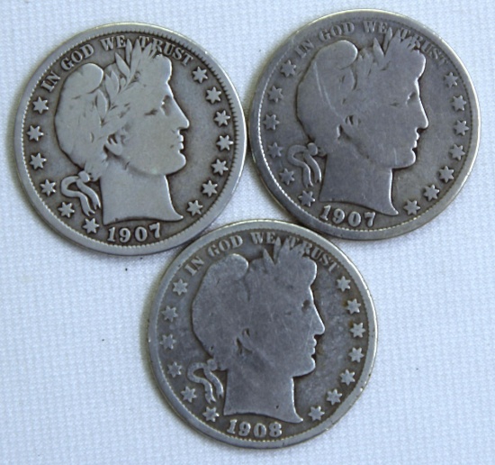 1907D, 1907O, 1908O Barber Half Dollars