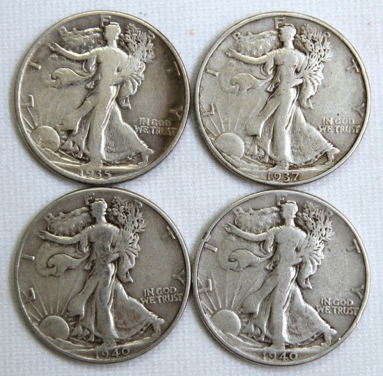 1935D, 1937, (2) 1940 Walking Liberty Half Dollars