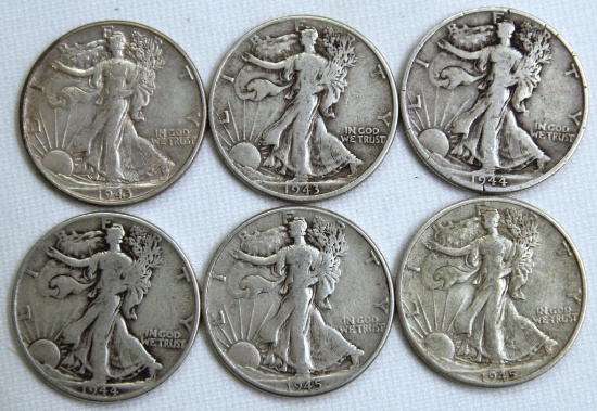 (2) 1943, 1944, 1944D, 1945, 1945D Walking Liberty Half Dollars