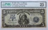 Rare Indian Chief Mule Note! 1899 $5 Silver Certificate Blanket Note Graded PMG 25 Very Fine