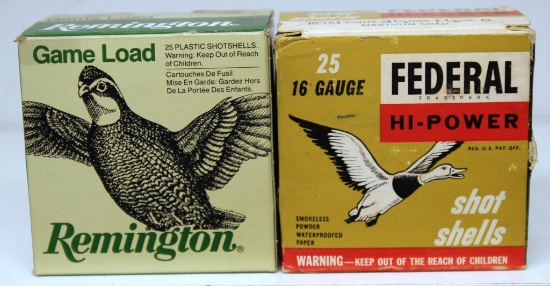 Full Vintage Box Federal 16 Ga. 2 3/4" 6 Shot Shotgun Shells and Full Box Remington 16 Ga. 2 3/4" 8