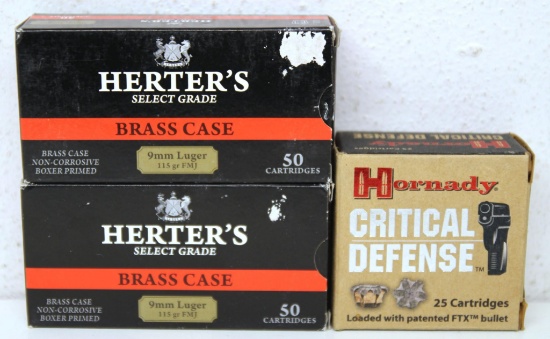 (2) Full Boxes Herter's Select Grade 9 mm Luger 115 gr. FMJ Cartridges and Full Box of 25 Hornady
