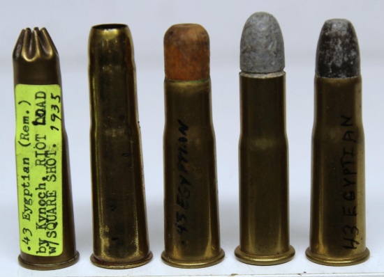 (5) .43 Egyptian Collector Cartridges - (1) Riot Load Square Shot Circa 1935, (1) Wood Bullet Shot,