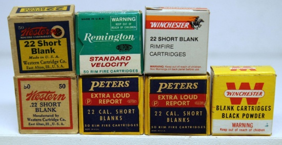7 Vintage Boxes .22 Short Blanks - Peters Box of 50 and Box of 49, Western Box of 38, Western Box of