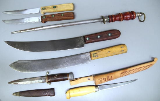 Knife Lot - 2 Russell Boning Knives, 2 Large Butcher Knives w/12" Blades, L. Martini Filet Knife in