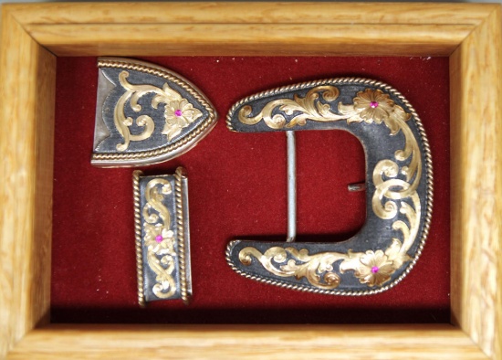 Vogt Sterling Silver and 14K Gold Fill Ladies Western Belt Buckle Set w/4 Small Rubies