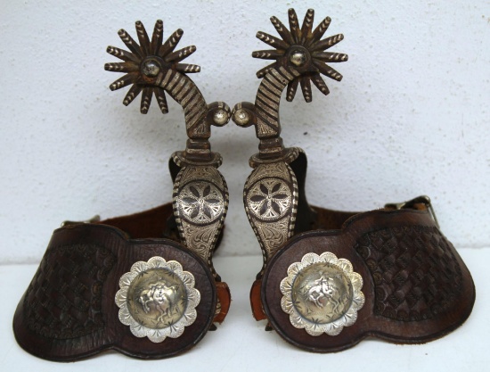 August Buermann Double Mounted Silver Inlay Spurs, The Design is "The Roosevelt", Star Marked