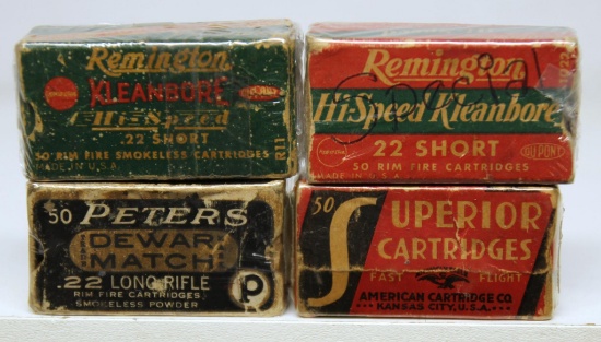 4 Full Vintage Boxes - 2 Different Remington .22 Short - Red Box Missing Both End Flaps, Superior