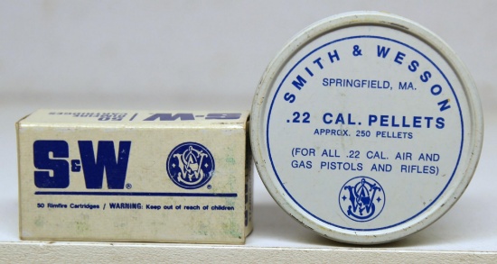 Partial Vintage Box of 47 S&W .22 LR Cartridges, Full Tin of 250 S&W .22 Cal. Pellets