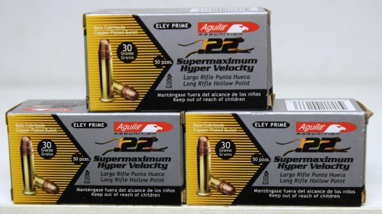 3 Full Boxes Aguila Supermaximum Hyper Velocity .22 LR Cartridges