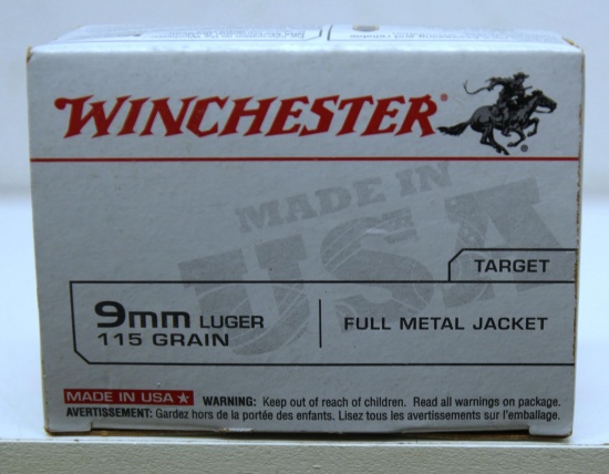Full Box Winchester 100 Pack 9 mm Luger 115 gr. FMJ Cartridges