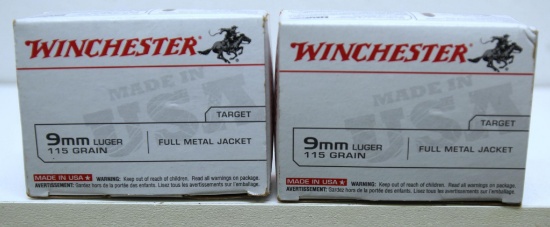 2 Full Boxes Winchester 100 Pack 9 mm Luger 115 gr. FMJ Cartridges