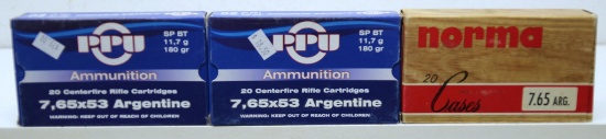 2 Full Boxes PPU 7.65x53 Argentine 180 gr. SPBT Cartridges and 19 Rounds Norma 7.65 Argentine Brass