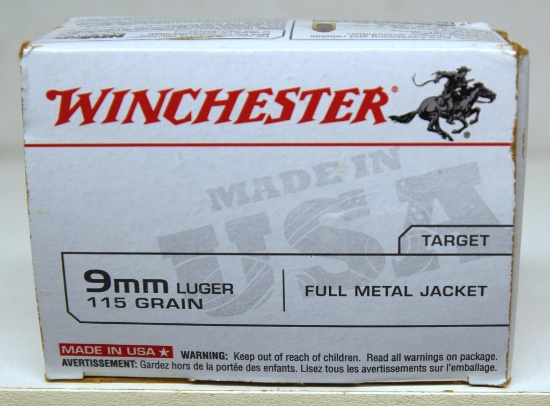 Full Box 100 Pack Winchester Target 9 mm Luger 115 gr. FMJ Cartridges