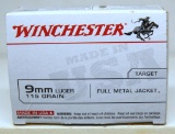 Full Box 100 Pack Winchester Target 9 mm Luger 115 gr. FMJ Cartridges