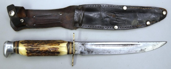 Solingen, Germany Hunting Knife w/Stag Handle, 5 3/4" Blade, 10" Overall w/Original Sheath