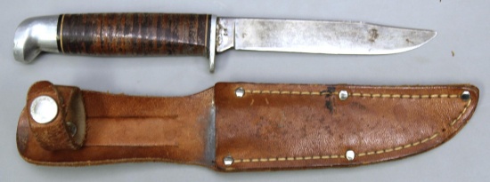 Western Hunting Knife and Leather Sheath, 4 1/4" Blade, 8" Overall