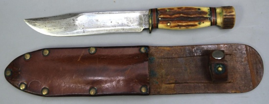 Marbles Stag Handle Hunting Knife w/Leather Sheath, 6" Blade, 9 3/4" Overall