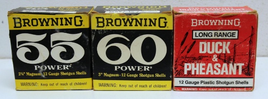 3 Full Vintage Boxes Browning 12 Ga. Shotshells - 55 Power 2 3/4" 6 Shot, 60 Power 3" Mag. 2 Shot,