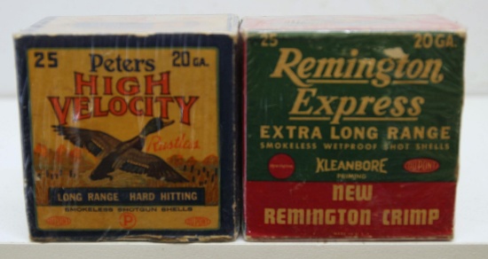 2 Partial Vintage Boxes 20 Ga. Shotshells - Peters High Velocity 2 3/4" 6 Shot, Remington Express