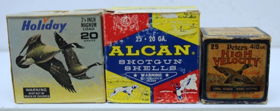 3 Partial Vintage Boxes Shotshells - Holiday 20 Ga., Alcan 20 Ga., Peters High Velocity .410 Ga.