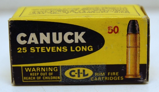Full Vintage Box C-I-L Canuck .25 Stevens Long Rim Fire Cartridges