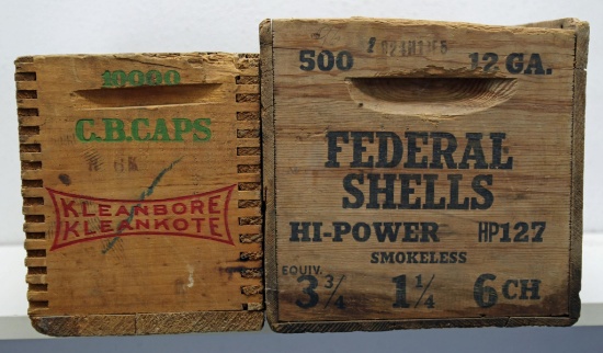 2 Vintage Wooden Ammo Boxes w/Contents - Remington CB Caps, Federal 12 Ga. Shotshells, Misc.