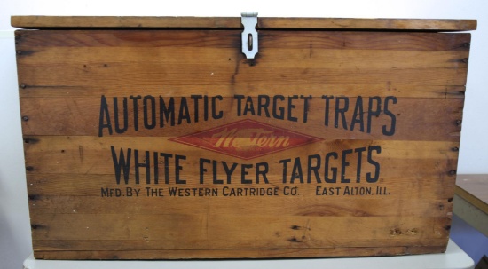 Large Wooden Advertising Trunk Western Automatic Target Traps White Flyer Targets, 34" Wide, Top 34"