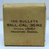 Full Vintage Box Frankford Arsenal 100 Bullets Ball, Cal. .30 M2 Cartridges